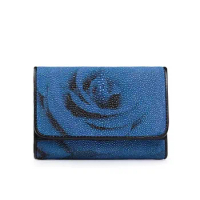Authentic Real Stingray Skin Ladies Blue Rose Small Clutch Female Short Card Wallet Genuine Exotic Leather Women Clutch Purse