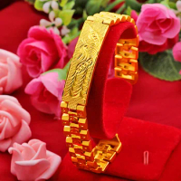 Real 24K Gold Color Dragon Phoenix Flower Bracelet for Women Men Chain Pure 999 Golden Plated Bracelet Bangle Fine Jewelry Gifts