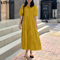 (Phong Cách Hàn Quốc) Đầm Sơ Mi Nữ VONDA Đầm Suông Thanh Lịch Tay Phồng Váy Dài Midi ĐầM Dạ HộI Dự T