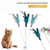 Cat toy with suction cup spring teaser wand, suction cup feather bell, suction-type pet toy for cats