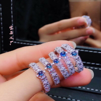 925純銀鍍K金鑲嵌寶石戒指女 天然藍寶石彩寶 日韓時尚簡約復古戒