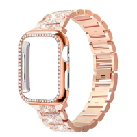Case+Bling strap for Apple Watch band 40mm 44mm 41mm 45mm 38mm 42mm 40 mm Diamond Metal bracelet iWatch series 9 8 3 6 se 7 band