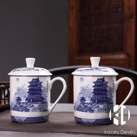 景德鎮陶瓷茶杯帶蓋陶瓷水杯喝茶杯青花瓷器辦公杯子2個裝滕王閣
