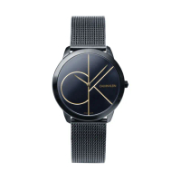 【Calvin Klein 凱文克萊】minimal系列 大CK 黑色框金色指針 米蘭帶錶帶 手錶 CK錶 35mm 情人節(K3M224X1)