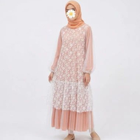 Gamis Tile Kombinasi Brukat Bunga / Dress Muslimah Pesta Kondangan Layer Tulle Lengan Balon Organza 