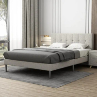 Queen Wood Upholstered Platform Bed Frame, Light Gray, No Box Spring Required, Easy Assembly