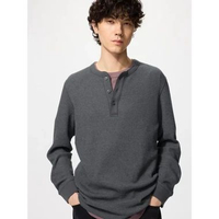 Uniqlo Waffle Henley T-Shirt Long Sleeve Kaos Pria Lengan Panjang DARK GRAY M
