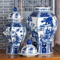 Chinese Style Flower Vase Blue And White Ceramic General's Jar Six Sided Pattern Tabletop Vase TV Cabinet Porcelain Ornaments