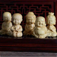 1Pc Vintage Boxwood Carved Buddha Statue Small Little Monk Figurines DIY Handicraft Home Decor Car Ornament