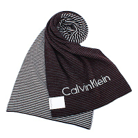 Calvin Klein CK 細橫紋拼色亮眼LOGO針織圍巾-深紅灰
