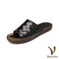 【Vecchio】真皮拖鞋 平底拖鞋/全真皮頭層牛皮護趾設計編織造型平底拖鞋(黑)