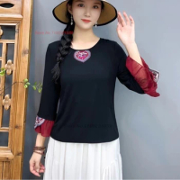 2024 chinese national t-shirt woman traditional flower embroidery vintage hanfu tops ethnic streetwear o-neck loose base shirt