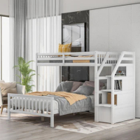 Twin over Full Loft Bed with Staircase,Multifunctional bed with guardrails &amp; ladder handrails,ladder can be placed on both sides