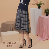 【MEDUSA 曼度莎】層次感藍白粗細格紋網紗裙（M-2L）｜女裝 短裙 中長裙｜加大尺碼
