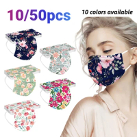 10/50PCS Adult Disposable Face Mask Flower Printing Dust Proof Mask Women Disposable Mouth Cover Mask 3 Layer Earring Facemask