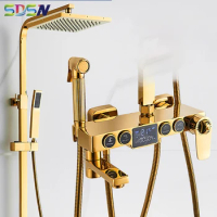 Digital Shower Set Luxury Gold Thermostatic Bathroom Shower Mixer Faucet Rain Shower Head Golden Digital Bathroom Shower System
