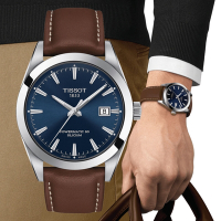 TISSOT天梭 官方授權 GENTLEMAN 經典矽游絲機械腕錶-棕x藍 禮物推薦 畢業禮物 40mmT1274071604100