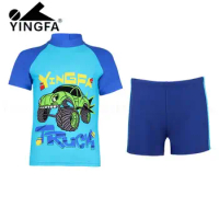 Kid's 2 In 1 Rushguard Swimming Cartoon Car Digital Printing Yingfa Swim Top And Shorts For Boys