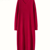 Birdtree 35% Cashmere 65% Wool Solid Elegant Dresses Women V Neck Warm Winter Mid Length Lazy Style Office Lady Dress D3N670QM