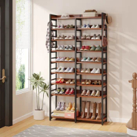 Tribesigns Open Shoe Cabinet, 9-Tier Tall Wooden Shoe Rack with Side Hooks for Entryway, Freestanding 36 Pairs Shoes