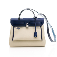 Hermes愛馬仕 Herbag Zip 31cm手提/肩背兩用帆布包(深藍/奶油白/銀扣)
