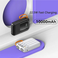 Mini Power Bank 10000mAh Powerbank Portable Charger with Cable Poverbank for iPhone 15 14 Samsung Xiaomi Charger with Flashlight