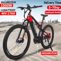 Full Suspension Electric City Bike, Bicycle with Mid Motor, Hydraulic Brake, Mountain , 1000W, 48V, 17Ah, LG Battery, 27.5 Inch