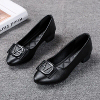 Women's work shoes black flat soft sole thick heel leather shoes professional work interview hotel n