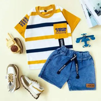 LC - ESTISHOP Setelan baju anak laki laki kaos salur katun 30s stripe bayi celana jeans pendek fashi