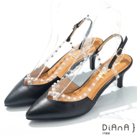 【DIANA】6cm 質感羊皮珍珠飾釦環踝高跟穆勒涼鞋-溫柔知性(黑)