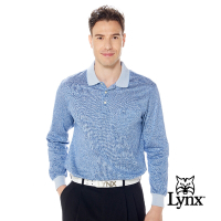 【Lynx Golf】男款歐洲進口布料純棉絲光藍白紋路緹花胸袋款長袖POLO衫-藍色