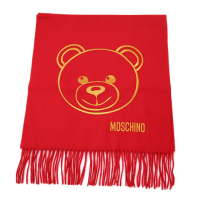 【MOSCHINO】泰迪熊臉純羊毛寬版流蘇圍巾(007 紅色)
