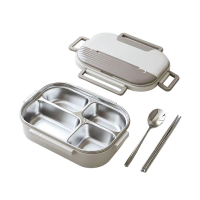 304不銹鋼飯盒(米色) 四格推薦｜可微波飯盒｜800ml｜23cm｜16.5cm｜7cm｜397g｜不鏽鋼飯盒｜便當盒｜分隔飯盒｜密封飯盒｜保溫飯盒｜上班便當｜學生飯盒｜防漏飯盒【香港行貨】（米色）