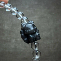 Gelang Clear Quartz Natural dengan Black Silver Obsidian Carving Rubah Ekor 9 Elegan & Misterius unt