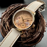COACH28mm圓形金色精鋼錶殼粉紅錶盤真皮皮革米黃錶帶款CH00207