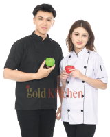 Gold Kitchen Baju Koki Chef Unisex Lengan Pendek Pria Wanita Model Cangi Poly-Cotton DRILL Kualitas