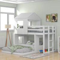 Wooden Twin Over Full Bunk Bed, Loft Bed with Playhouse, Farmhouse, Ladder and Guardrails, Quality Structure