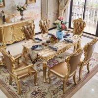 European marble solid wood dining table champagne gold carved dining table chair combination rectangular dining table for 4-6 pe