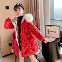 3-12Yrs Girls Warm Down For Cotton-padded Parkas Outwear Fashion Winter Down Clothes Warm Coat Fur Collar Hooded Girl Clothing