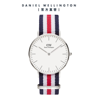 Daniel Wellington DW 手錶 Classic Canterbury 36mm細紋藍白紅織紋錶-白錶盤-銀框 DW00100051