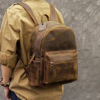 Men's Oli Genuine cow leather backpack waterproof laptop travel Real leather retro backpack for teenager Daypacks mochila male