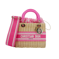 【Dior 迪奧】Dioriviera Lady Dior 天然柳條編織圖騰緹花布二用包-中(螢光粉)