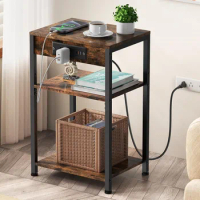 End Table,Bedside Tables with Fast Charging Station, 3 Tier Small Side Table with Adjustable Shelf，Sofa End Tables Living Room