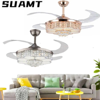 Retractable Ceiling LED Fan Light Crystal Chandelier Lamp Fan Dimmable Remote 42 Inch Chandelier Ceiling Fan for Living Room