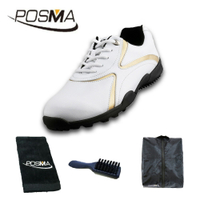 高爾夫球鞋 男士固定釘球鞋 高爾夫男士運動休閒鞋   GSH016 男款 金  配POSMA鞋包 2合1清潔刷   高爾夫球毛巾