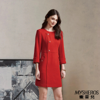 【MYSHEROS 蜜雪兒】純羊毛氣質連身洋裝 高質感鈕釦裝飾 袖反摺設計 修身顯瘦後拉鍊(紅)