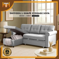 [ New Sampai ] MFurniture: Sofa Daffodile 3-Seater L-Shape Pull-Out Sofa Bed dengan Storan Tersembun