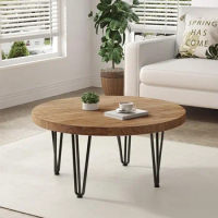 Rustic Wood Round Coffee Table With Metal Legs Solid Elm Wood Top and Non-Slip Feet Pads - Farmhouse Style for Living Room Coffe