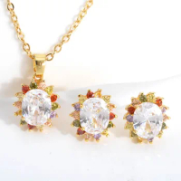 New Vintage White Natural Zircon Necklace Earrings set for Women Rose Gold Color Ethnic Wedding Jewelry Daily Party Accessories