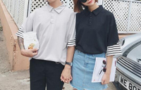 FINDSENSE MD 韓國 潮 男 時尚 寬鬆 翻領 素面假兩件 條紋 情侶裝 短袖T恤 短袖POLO衫